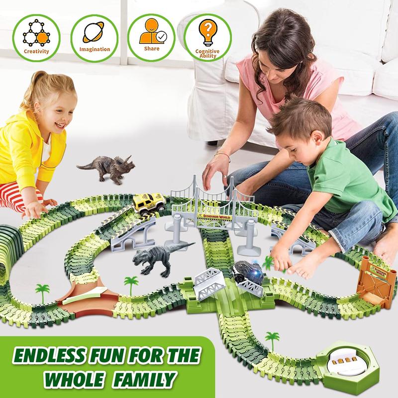 Wesprex Dinosaur Race Track Toy Set 288 PCS, Flexible Track Playset w  240 Tracks, 1 Dinosaur Car, 1 Race Car, 1 Drawbridge, 1 Tunnel, Create A Dino Track, Dinosaur Toy Gift for Kids Boys Girls Age 3+