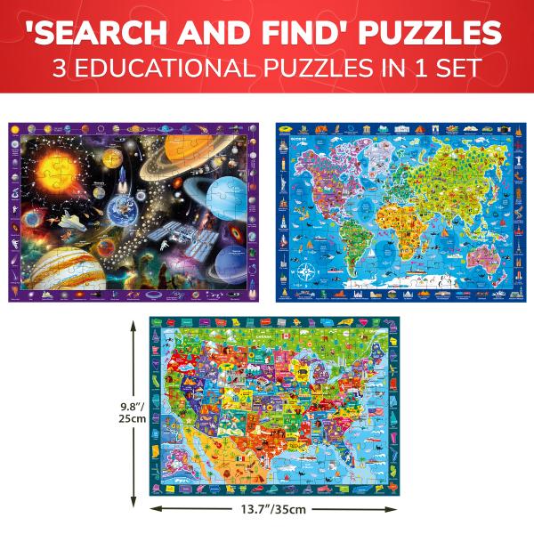 QUOKKA 100 Pieces Puzzles for Kids | Solar System, USA Map, World Map