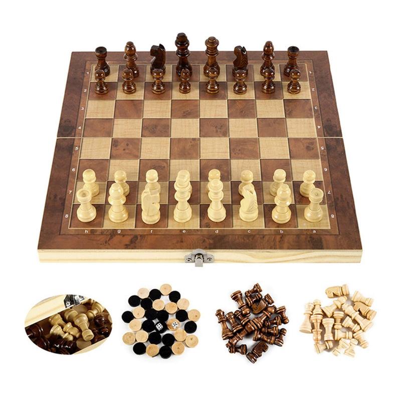 Wooden Chess Set, 1 Set 3 In 1 Chess Game, Checkers Backgammon Set, Classic Chess Pieces Board Case, Board Game for Family, Friends, Adults, Christmas Gift