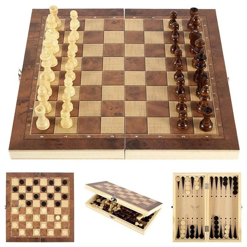 Wooden Chess Set, 1 Set 3 In 1 Chess Game, Checkers Backgammon Set, Classic Chess Pieces Board Case, Board Game for Family, Friends, Adults, Christmas Gift