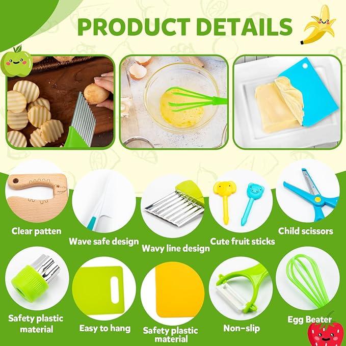 13 17 28 Counts Montessori Cooking Set:Safe Culinary Tools For Kids,Foster Skills And Fun,Baking Toy Toddlers Wooden Knives With Cutting Board Fruit Vegetable Crinkle Cutter y Peeler Sandwich Cutters,Realistic Play Food Set,Pretend Play Sets for Girls