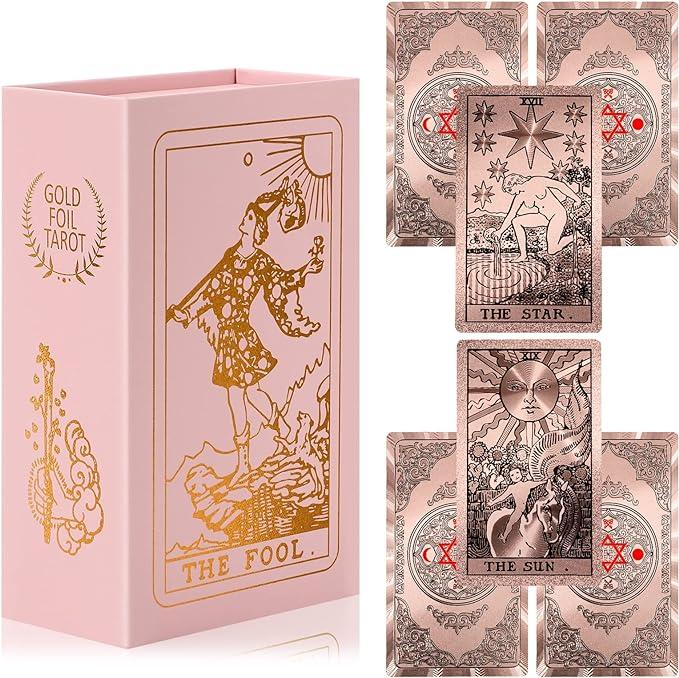 Rose Gold Pink Luxury Classic Rider Waite Tarot Cards PVC Waterproof Wrinkle Resistant Gold Foil with Guidebook Beginners Expert Readers Magnetic Box Standard Size