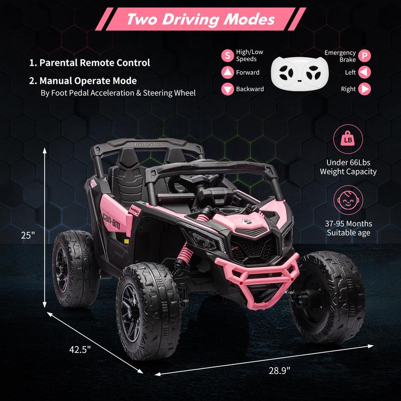 GARVEE 12V Can-Am Ride-On UTV: Remote Control, Large Seat, Music, LED Lights, Spring Suspension  - Pink