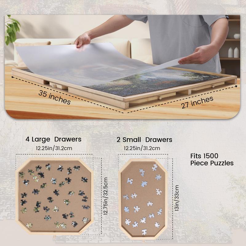 1500 Pieces Wooden Jigsaw Folding Puzzle Baord, Puzzle Table with Legs and Protective Cover, 35'' × 27'' Jigsaw Puzzle Board with 6 Drawers & Cover, Portable Puzzle Tables for Adult