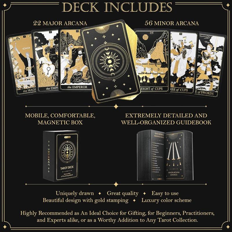 Wyspell Classic Tarot Cards with Guide Book - 78 Gold Tarot Cards for Beginners Tarot Cards Set - Black Tarot Decks with Guidebook - Original Tarot Cards Deck - Tarot Deck with Guidebook