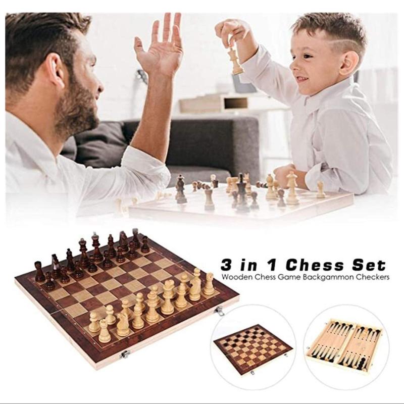 Wooden Chess Set, 1 Set 3 In 1 Chess Game, Checkers Backgammon Set, Classic Chess Pieces Board Case, Board Game for Family, Friends, Adults, Christmas Gift