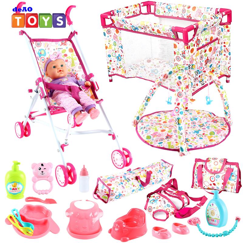 deAO Doll Stroller Nursery Role Play Set with a Variety of Feeding Toy and Play Mat Travel Cot Carrier Stroller and Travel Bag