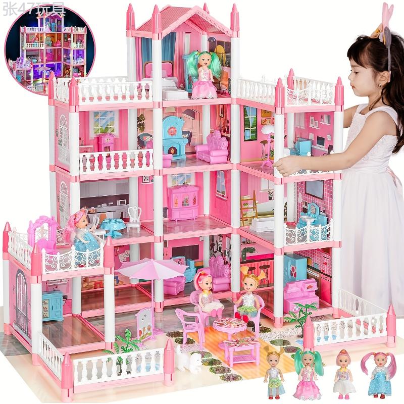 Doll House, Dollhouse For Girls Pretend-Play DIY Dollhouse Kit - 4-Story 11 Rooms Playhouse With 4 Dolls Toy Figures, Furniture And Accessories Set Gift Toy For Kids Ages 3 4 5 6 7 8+