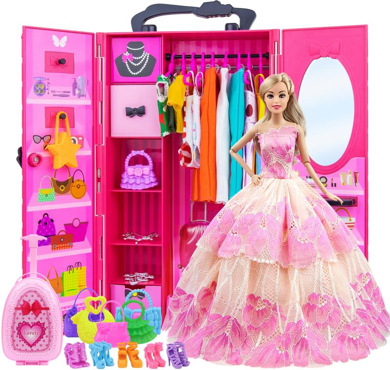 11.5 Inch Girl Doll Closet Wardrobe with Clothes and Accessories Set 101 Pcs Including Wardrobe Suitcase Clothes Dresses Swimsuits Shoes Hangers Necklace Bags and Other Stuff