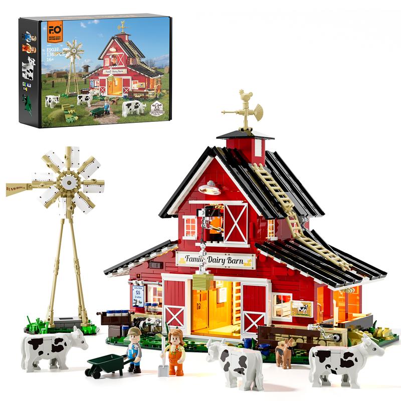 Funwhole Farm Cow-Barn Lighting Building-Bricks Set - 1368 Pcs-Farm Life Cow Barn House Collection  LED Light Building Construction Set  -Farm Animals Collection Holiday Gift for Adults and Teen