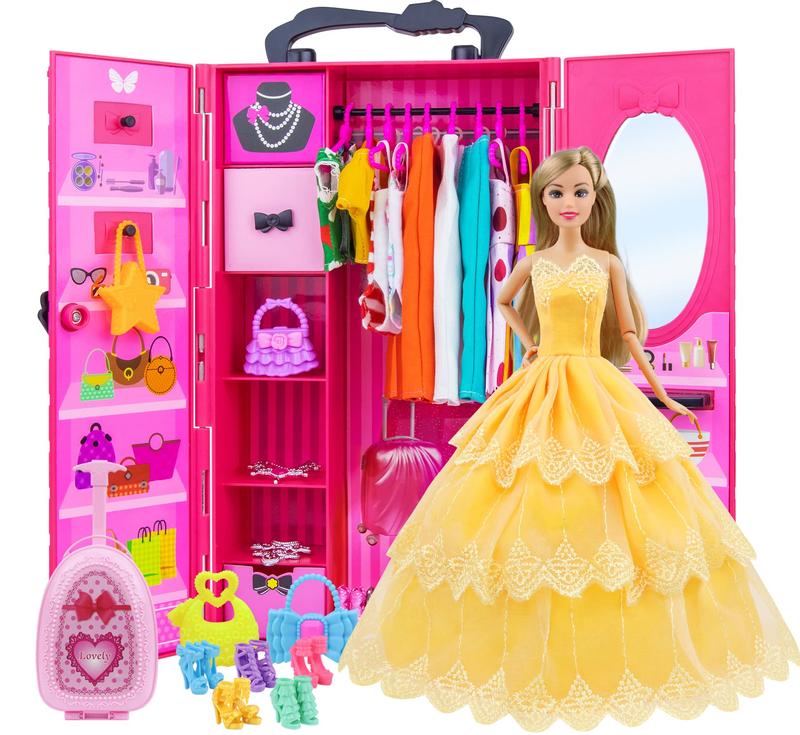 11.5 Inch Girl Doll Closet Wardrobe with Clothes and Accessories Set 101 Pcs Including Wardrobe Suitcase Clothes Dresses Swimsuits Shoes Hangers Necklace Bags and Other Stuff