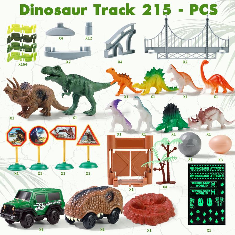 215 Pcs Dinosaur Jurassic Race Track Train Glow In The Dark Playset Toys for Kids - Perfect for Christmas Gifts