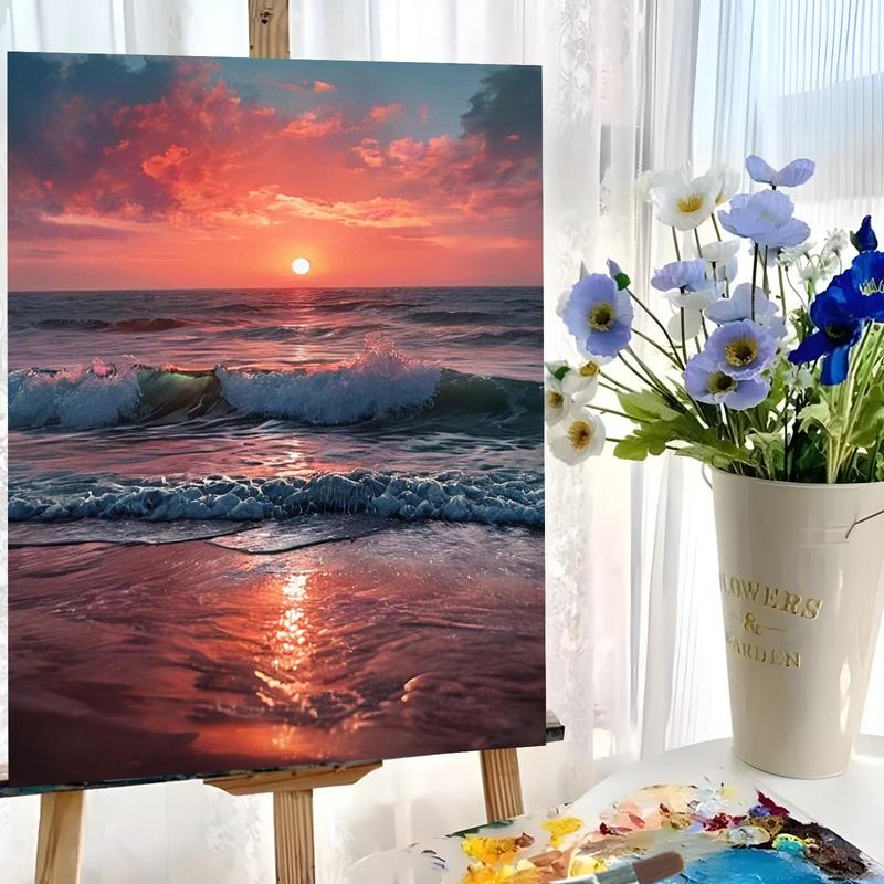 Sea & Sky Pattern Oil Painting Kit without Frame, 1 Set DIY Oil Painting Kit by Numbers with Brush, DIY Painting Supplies for Beginner Adults