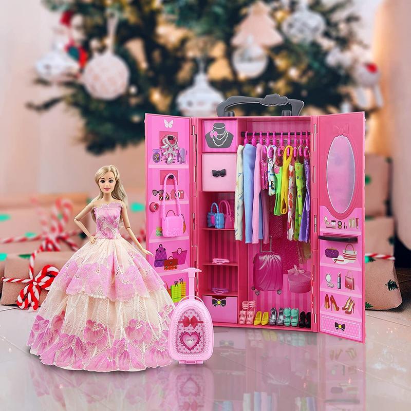 11.5 Inch Girl Doll Closet Wardrobe with Clothes and Accessories Set 101 Pcs Including Wardrobe Suitcase Clothes Dresses Swimsuits Shoes Hangers Necklace Bags and Other Stuff