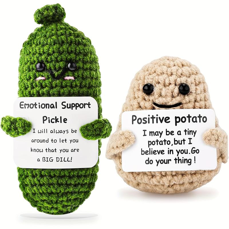 Cute cucumber knitted dolls crocheted emotional support kimchi gifts Handmade potato set with positive card mini decompression desk decoration-fun stress relief toys Creative knitted dolls with positive affirmation cards