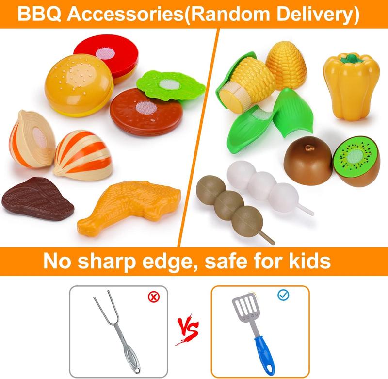 Kids Play Food Grill with Pretend Smoke Sound Light Kitchen Playset BBQ Accessories Camping Cooking Set Barbecue Toddler Girl Boy Toy Birthday Kid Outdoor Toy Gift Idea