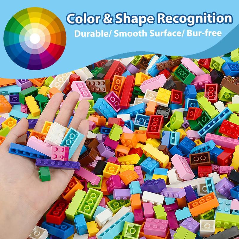 1000 count Classic Building Bricks in 15 Popular Colors and 12 Mixed Shapes, Creative Small Building Blocks Set Learning Educational Toy Gift for Kids, Compatible with All Major Brands