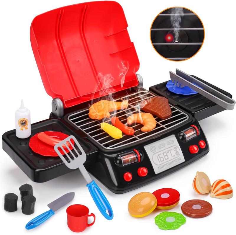 Kids Play Food Grill with Pretend Smoke Sound Light Kitchen Playset BBQ Accessories Camping Cooking Set Barbecue Toddler Girl Boy Toy Birthday Kid Outdoor Toy Gift Idea