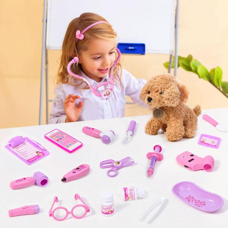 Toy Doctor Kit for Girls - Pretend Play Doctor Set with Dog Toy, Carrying Bag, Stethoscope Toy & Dress Up Costume - Doctor Play Gift for Kids Ages 3 4 5 6 Year Old for Role Play