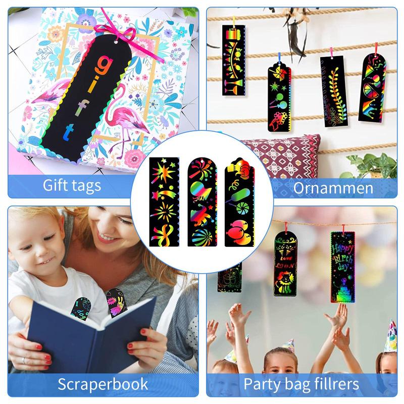 DIY Scratch Bookmark Kit, 1 Set Scratch Drawing Bookmarks for DIY, Including 24pcs Card, 24pcs Bamboo Stick & 24pcs Ribbon, Scratch Art Supplies