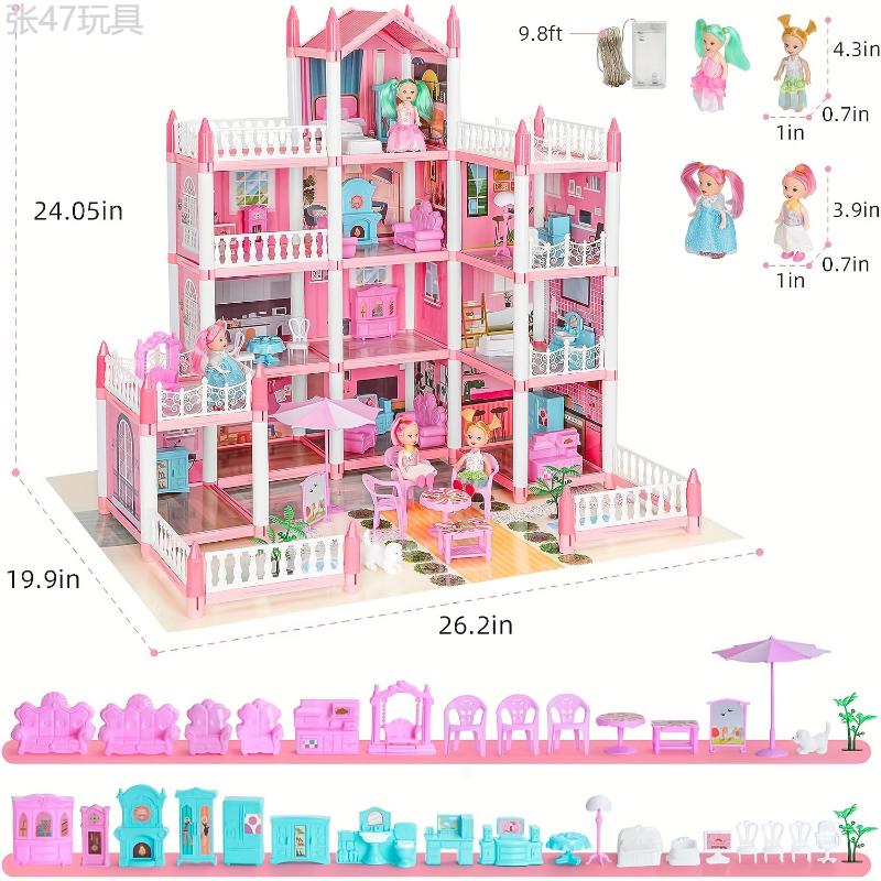 Doll House, Dollhouse For Girls Pretend-Play DIY Dollhouse Kit - 4-Story 11 Rooms Playhouse With 4 Dolls Toy Figures, Furniture And Accessories Set Gift Toy For Kids Ages 3 4 5 6 7 8+