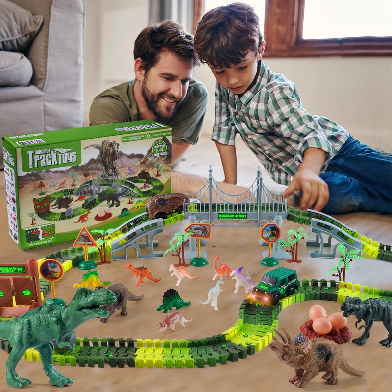 215 Pcs Dinosaur Jurassic Race Track Train Glow In The Dark Playset Toys for Kids - Perfect for Christmas Gifts