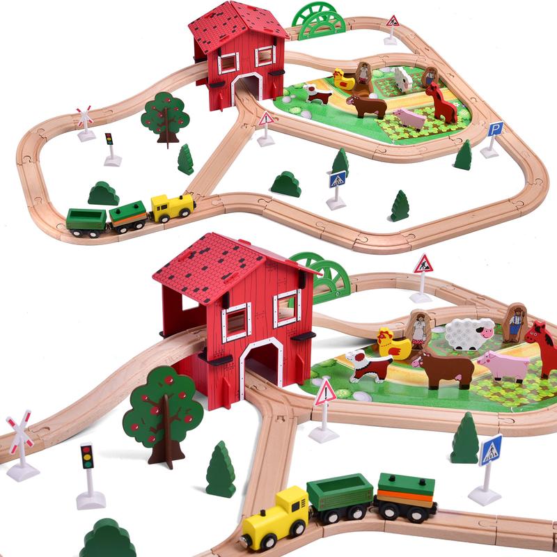 77PCS Wooden Train Set Magnetic Trains and Farm Railway Tracks for Kids Toddlers Toys Birthday Gifts