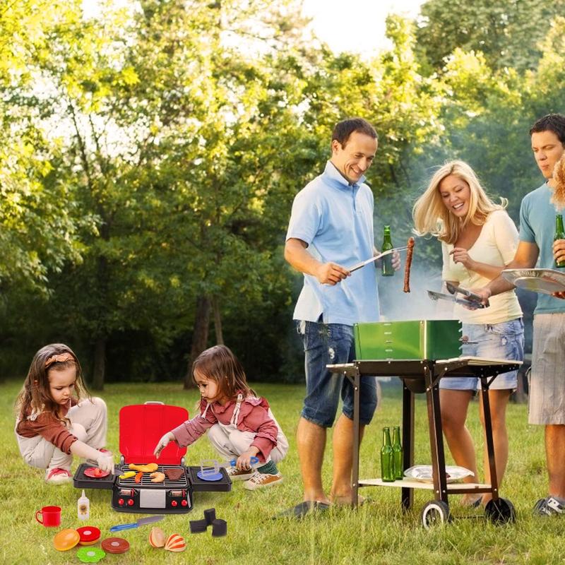 Kids Play Food Grill with Pretend Smoke Sound Light Kitchen Playset BBQ Accessories Camping Cooking Set Barbecue Toddler Girl Boy Toy Birthday Kid Outdoor Toy Gift Idea