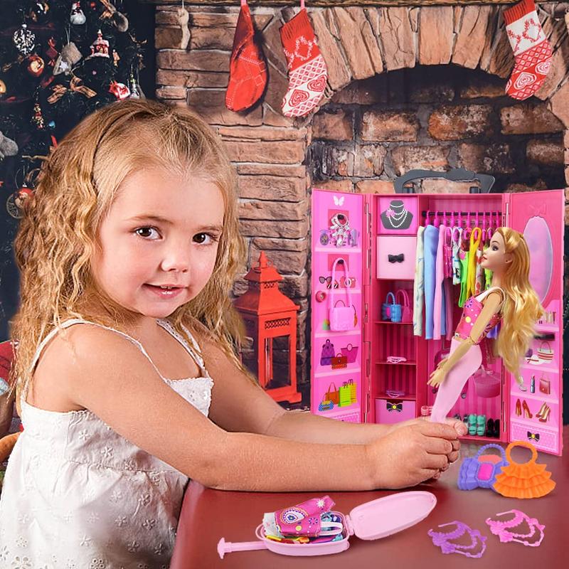 11.5 Inch Girl Doll Closet Wardrobe with Clothes and Accessories Set 101 Pcs Including Wardrobe Suitcase Clothes Dresses Swimsuits Shoes Hangers Necklace Bags and Other Stuff