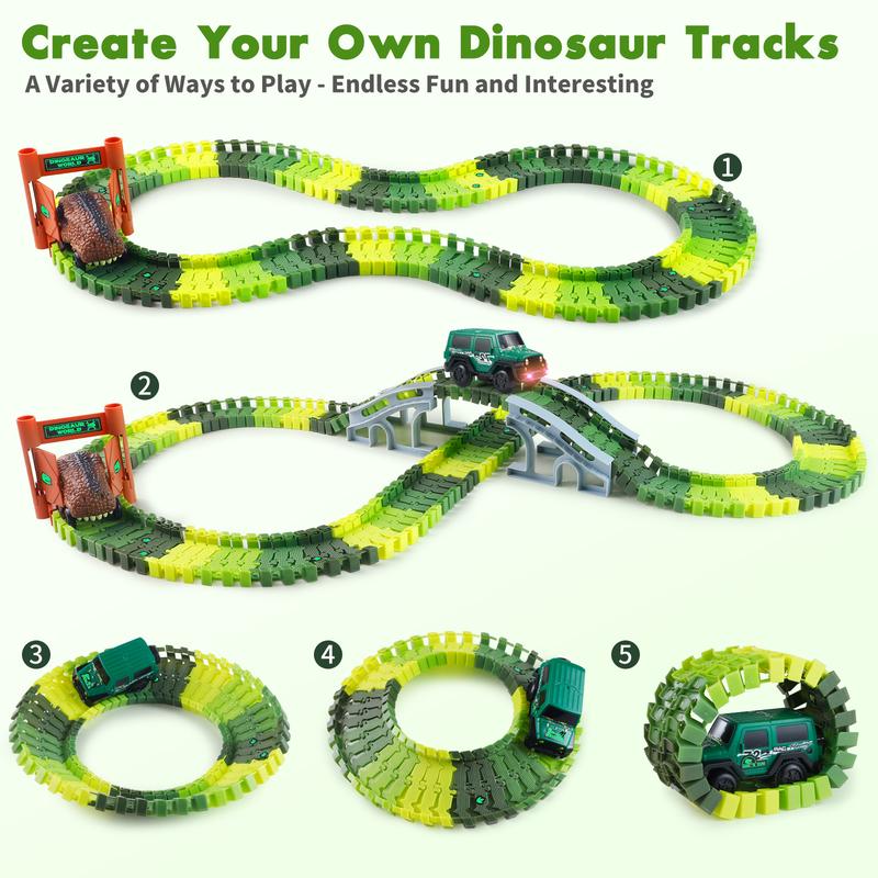 215 Pcs Dinosaur Jurassic Race Track Train Glow In The Dark Playset Toys for Kids - Perfect for Christmas Gifts