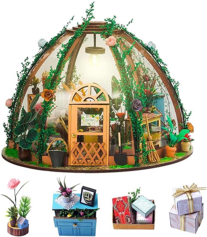 DIY Miniature Dollhouse Kit with Furniture, 1:24 Scale Creative Room Mini Greenhouse Wooden Christmas Doll House for Kids Teens Adults(Star Garden)