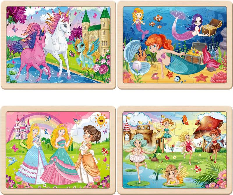 Wooden Puzzles for Kids Ages 4-6, 4 Packs 24 count Unicorn Mermaid Princess Fairy Jigsaw Puzzles, Preschool Educational Brain Teaser Toys for Girls 3 4 5 6 Years Old.