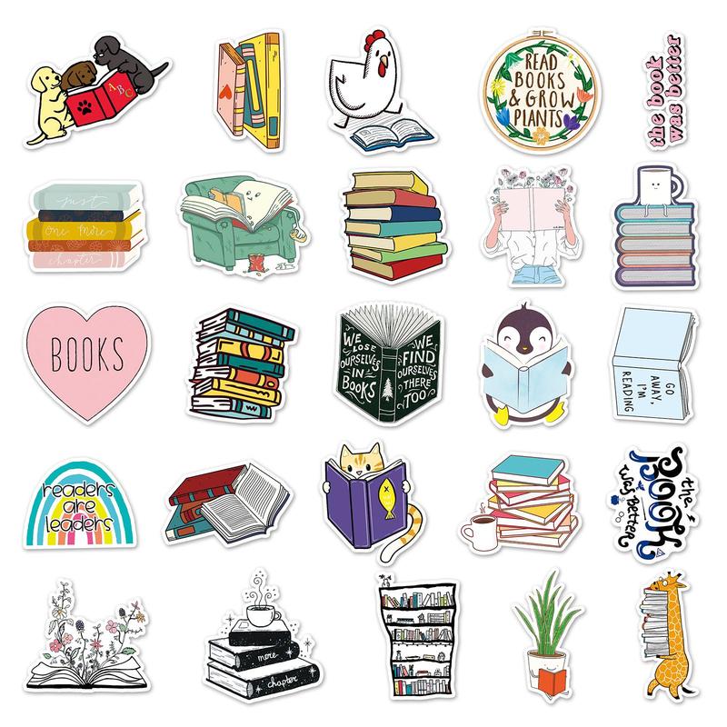 50pcs Book Pattern Water Cup Self-Adhesive Stickers, Waterproof Decorative Stickers For Scrapbooking For Student