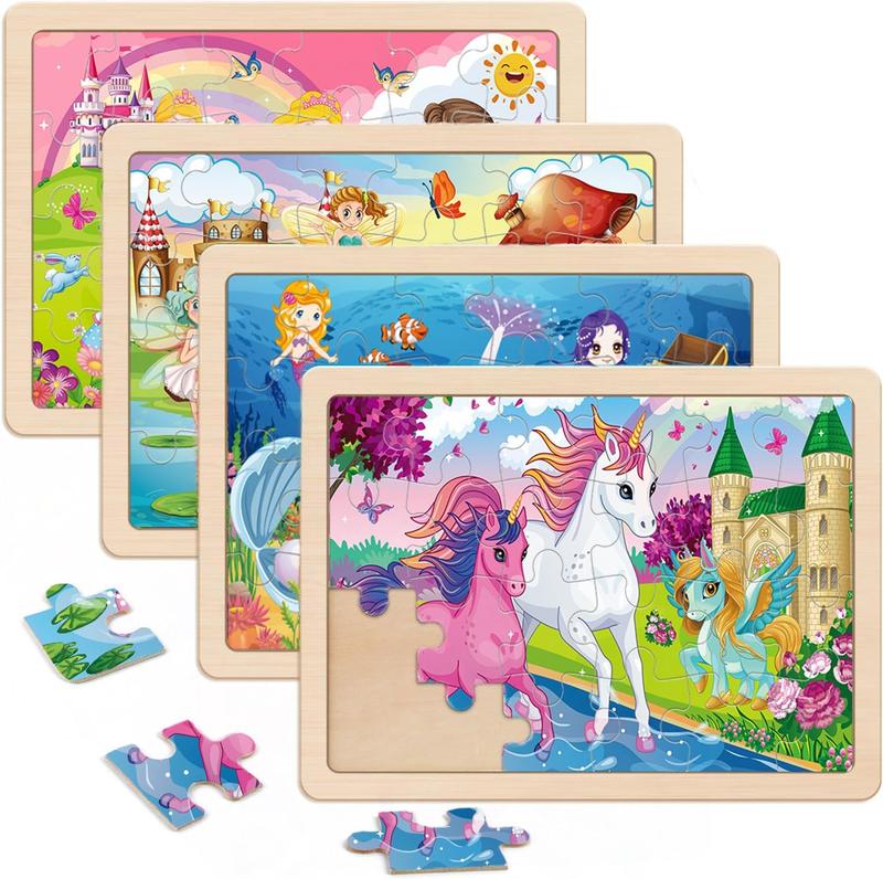 Wooden Puzzles for Kids Ages 4-6, 4 Packs 24 count Unicorn Mermaid Princess Fairy Jigsaw Puzzles, Preschool Educational Brain Teaser Toys for Girls 3 4 5 6 Years Old.