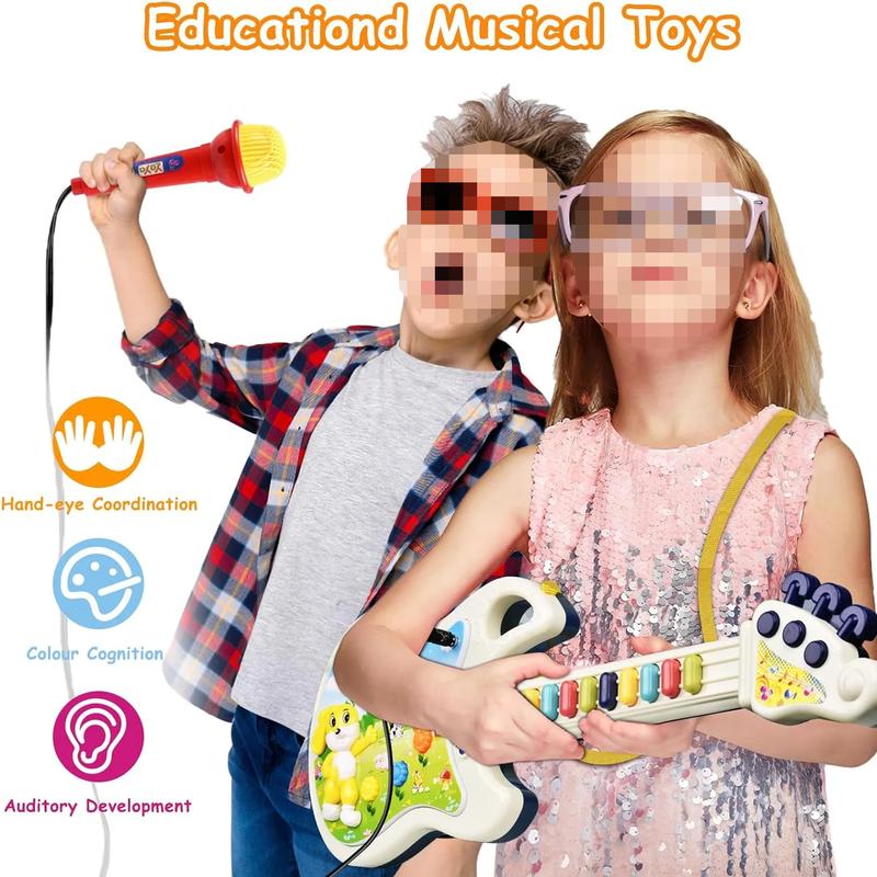 Guitar and Microphone Toys for Kids, Pretend Play Musical Instruments Educational Toys for Girls Boys, Colorful Light and Sound Gifts