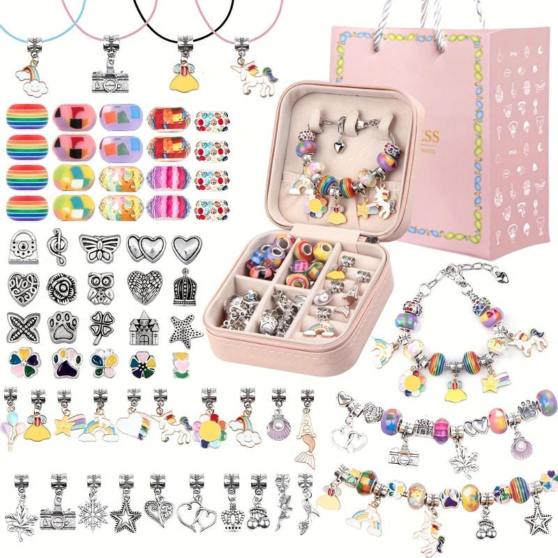 DIY Jewelry Making Kit with Jewelry Box & Gift Bag, 66pcs set Unicorn & Mermaid Design Bracelet Making Kits, DIY Jewelry Making Materials for Christmas, Thanksgiving, Chrismats Gift Set