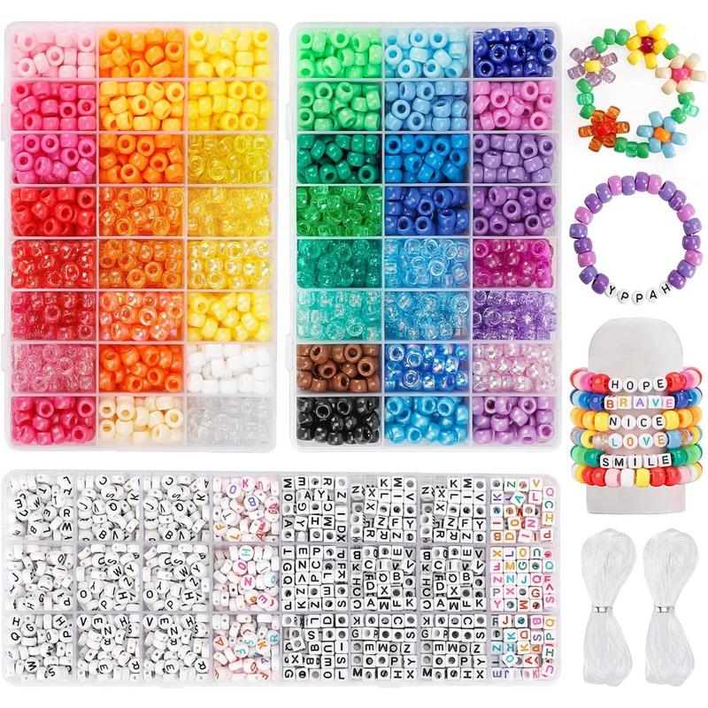 Pony Beads for Friendship Bracelet Making Kit 48 Colors Kandi Beads Set, Plastic Rainbow Bulk and Letter Beads with 20 Meter Elastic Threads for Craft Jewelry Necklaces