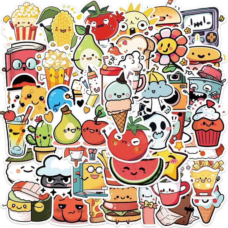 Cute Cartoon Fruit & Snack Pattern Stickers, 50pcs Waterproof Decorative Sticker, DIY Creative Sticker for Toys Water Bottles Journal Making Scrapbooking, Birthday Party Favors