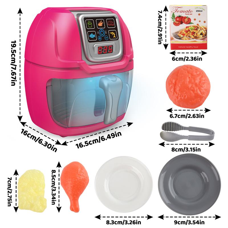 deAO Air Fryer Toy with Lights,Play Kitchen Color Changing Play Foods,13 PCS Pretend Food and Cooking Playset,Gift,Pink