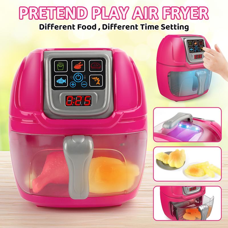 deAO Air Fryer Toy with Lights,Play Kitchen Color Changing Play Foods,13 PCS Pretend Food and Cooking Playset,Gift,Pink