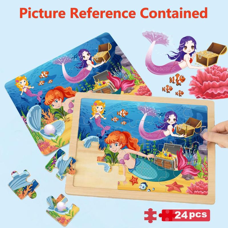 Wooden Puzzles for Kids Ages 4-6, 4 Packs 24 count Unicorn Mermaid Princess Fairy Jigsaw Puzzles, Preschool Educational Brain Teaser Toys for Girls 3 4 5 6 Years Old.