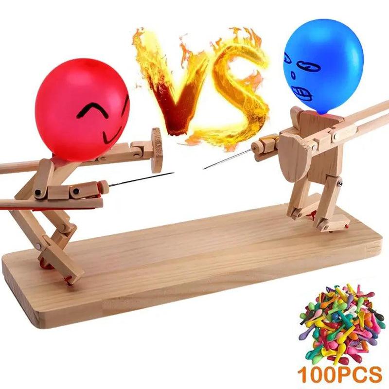 Balloon Bamboo Man Battle,Handmade Wooden Fencing Puppets,Battle Game for 2 Players Fast-Paced Balloon Fight,Fun Games for Family Party,balloon popping game board game