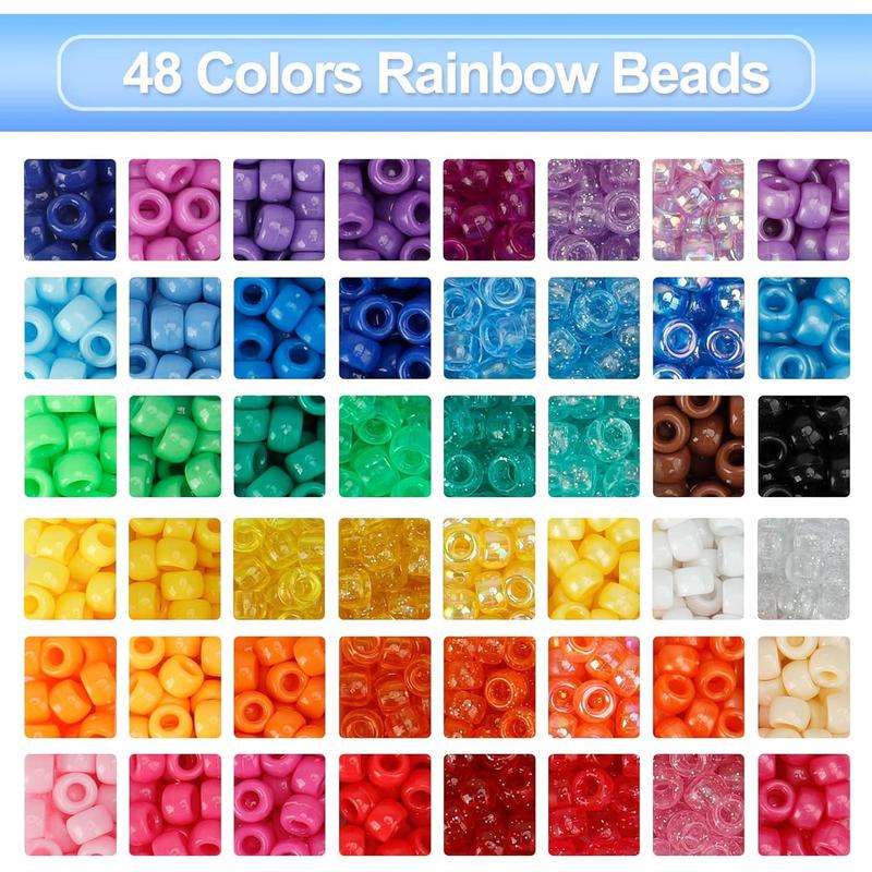 Pony Beads for Friendship Bracelet Making Kit 48 Colors Kandi Beads Set, Plastic Rainbow Bulk and Letter Beads with 20 Meter Elastic Threads for Craft Jewelry Necklaces