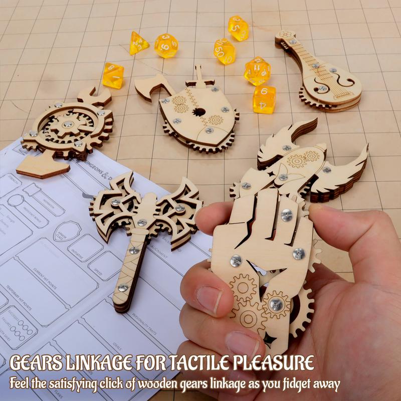 DND Class Fidget Toys Set of 6 Birch Plywood Laser Cut Gears Linkage ADHD Relief Toy for TTRPG Gamer - Ideal Gift for Tabletop RPG Player and Dungeon Master