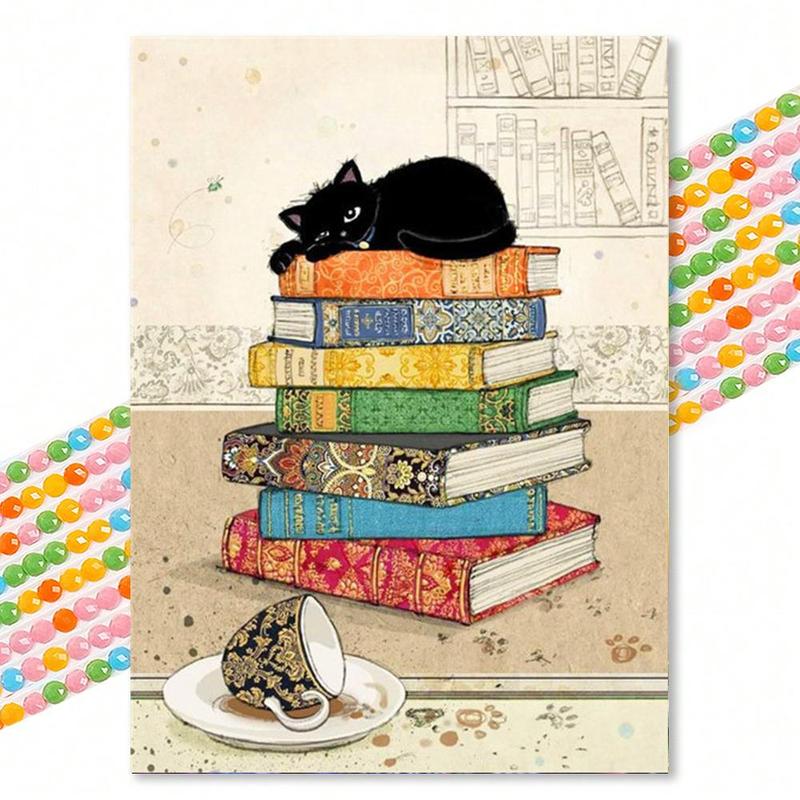 Cat & Book Pattern DIY Diamond Arts Colorful Painting Kit without Frame, DIY Decorative Art Picture for Beginner, DIY Home Decor