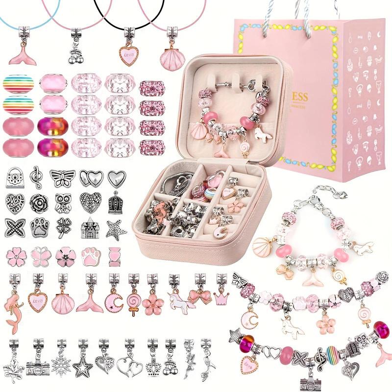 DIY Jewelry Making Kit with Jewelry Box & Gift Bag, 66pcs set Unicorn & Mermaid Design Bracelet Making Kits, DIY Jewelry Making Materials for Christmas, Thanksgiving, Chrismats Gift Set