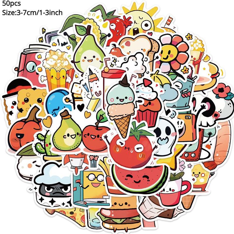 Cute Cartoon Fruit & Snack Pattern Stickers, 50pcs Waterproof Decorative Sticker, DIY Creative Sticker for Toys Water Bottles Journal Making Scrapbooking, Birthday Party Favors