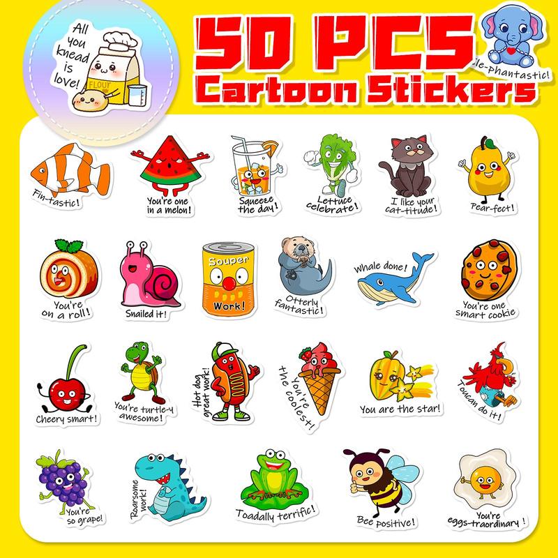 Cute Cartoon Pattern Sticker, 50pcs set Waterproof Self Adhesive Decor Paper, DIY Decor Sticker for Gift Greeting Card Water Bottle Laptop Phone