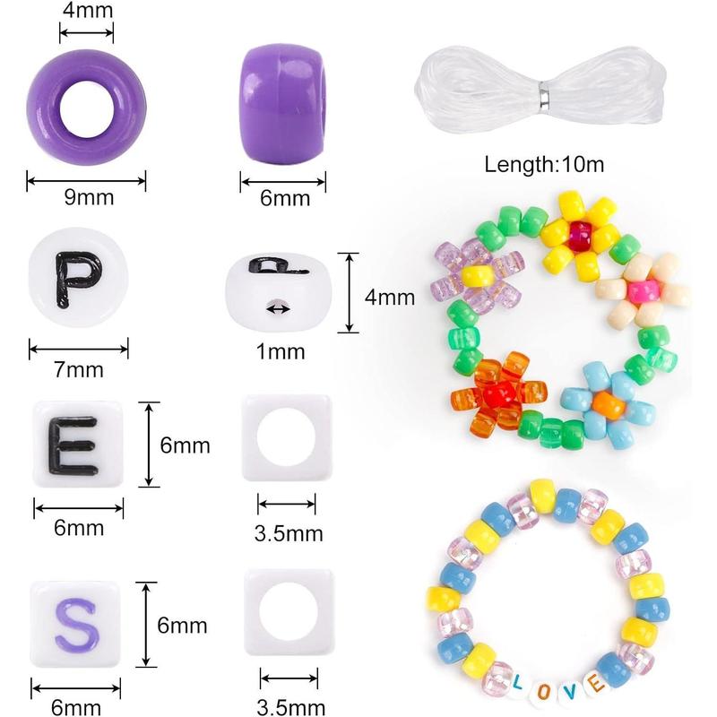 Pony Beads for Friendship Bracelet Making Kit 48 Colors Kandi Beads Set, Plastic Rainbow Bulk and Letter Beads with 20 Meter Elastic Threads for Craft Jewelry Necklaces