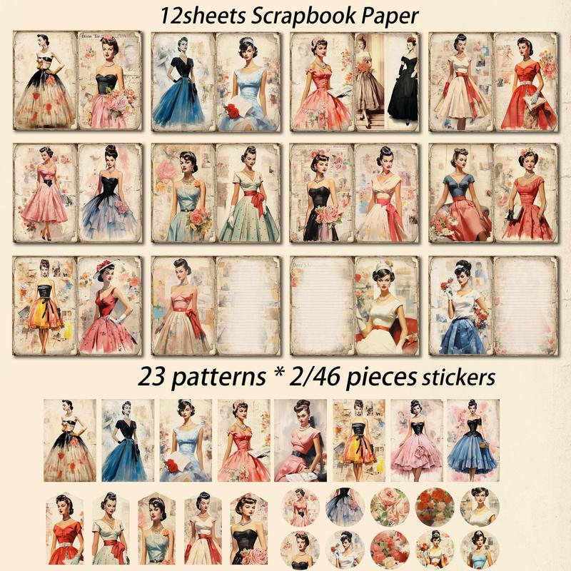 Vintage Girl Theme Journal Paper Set, 58pcs set Including 46pcs Sticker & 12pcs Scrapbook Paper, DIY Scrapbooking & Journal Making Supplies